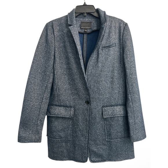 Banana Republic Navy Blue Tweed Blazer Jacket Women’s Sz 10 Pockets Cotton Blend - Picture 1 of 11